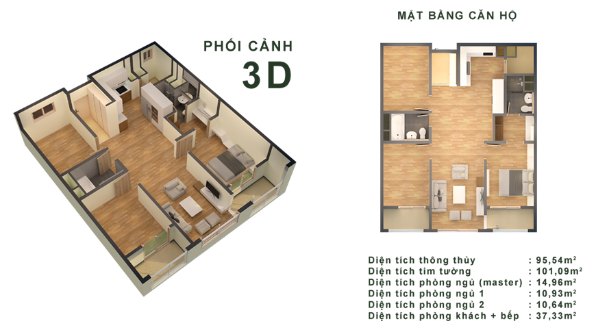 Phối cảnh 3D căn hộ 95,54m2 chung cư Booyoung Vina